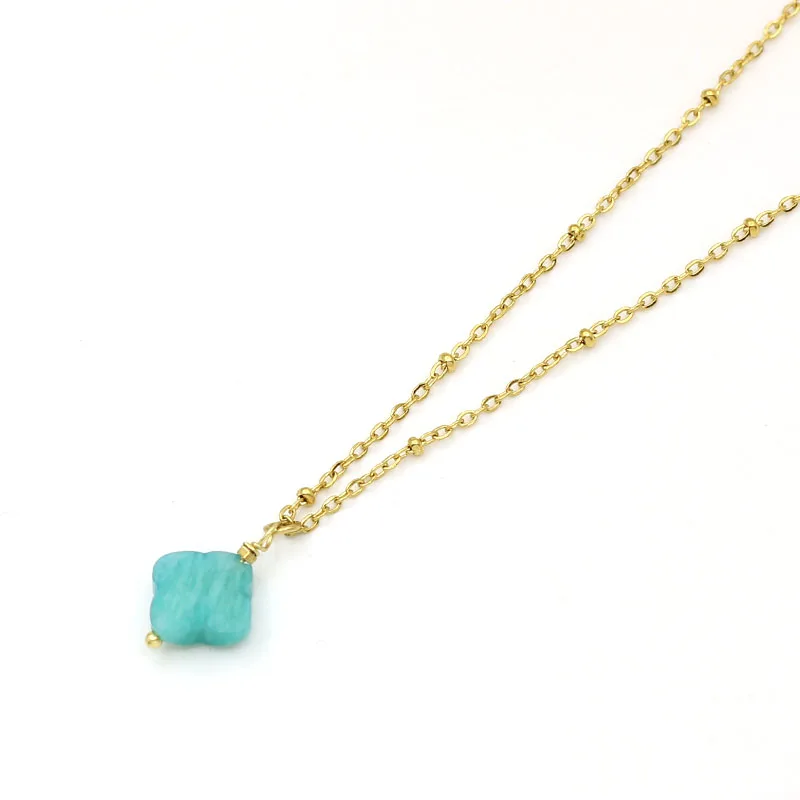 Cut Gemstone Natural Stone Clover Pendant Necklace For Women Stainless Steel Gold-plated Chain Choker Trendy Jewelry