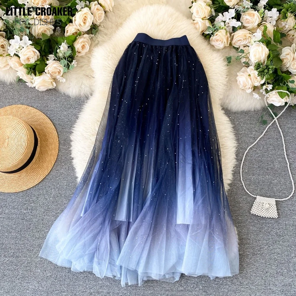 

80cm Midi Beautiful Gradient Color Long Tulle Skirts Women Korean A-line High Waist Pleated Maxi Female School Skirt Girls