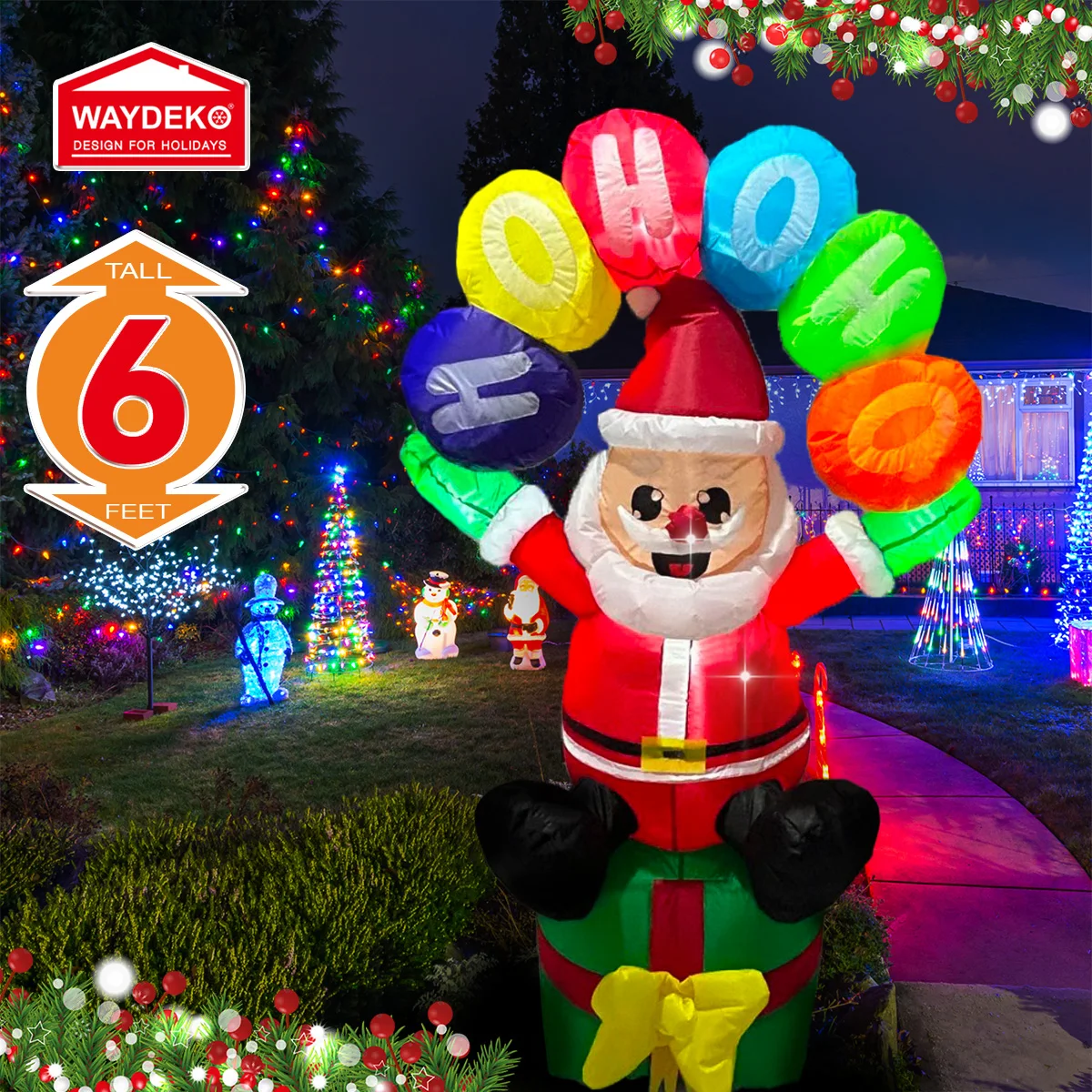 1.8m Christmas Inflatable LED Santa with Gift Box and Sign Blow Up Outdoor Yard Lawn Lighted Holiday Decor for Home Garden