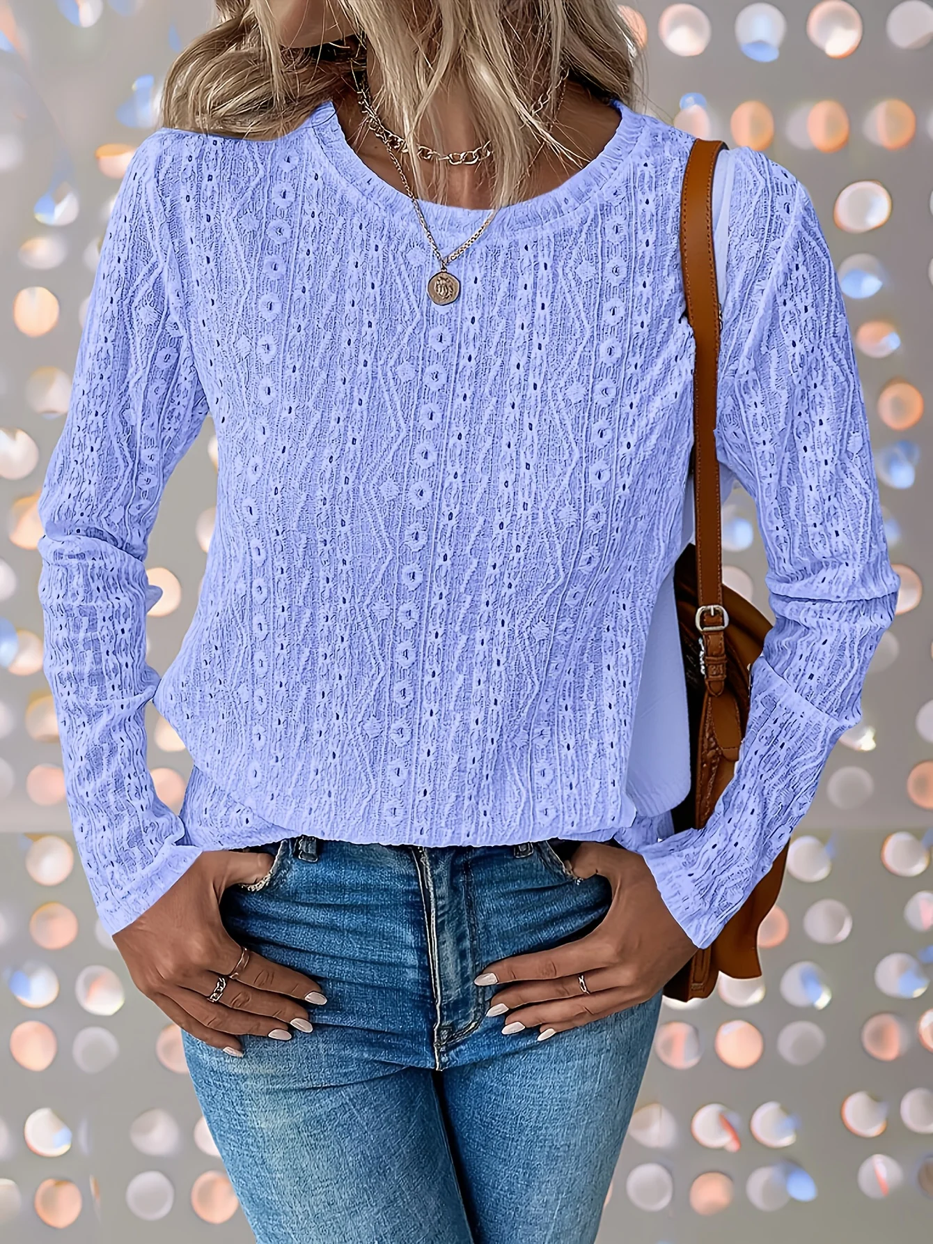 

Plus size tops solid color round neck long sleeve T-shirt high stretch fabric home go out casual elegant can be worn all seasons