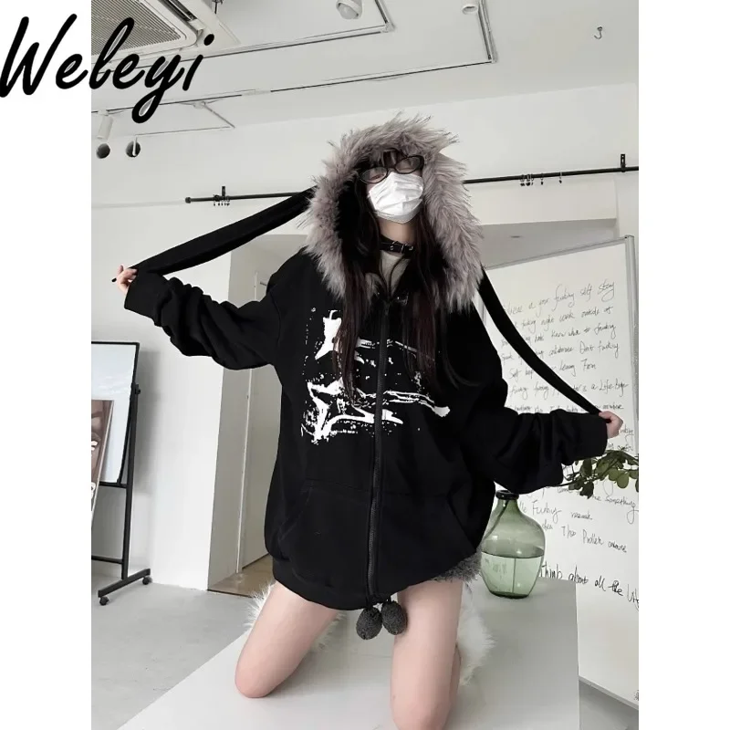 Gothic Hooded Rabbit Ear Hoodies Men's and Women's Winter New Cute Guitar Graffiti Loose Streetwear Thick Coat