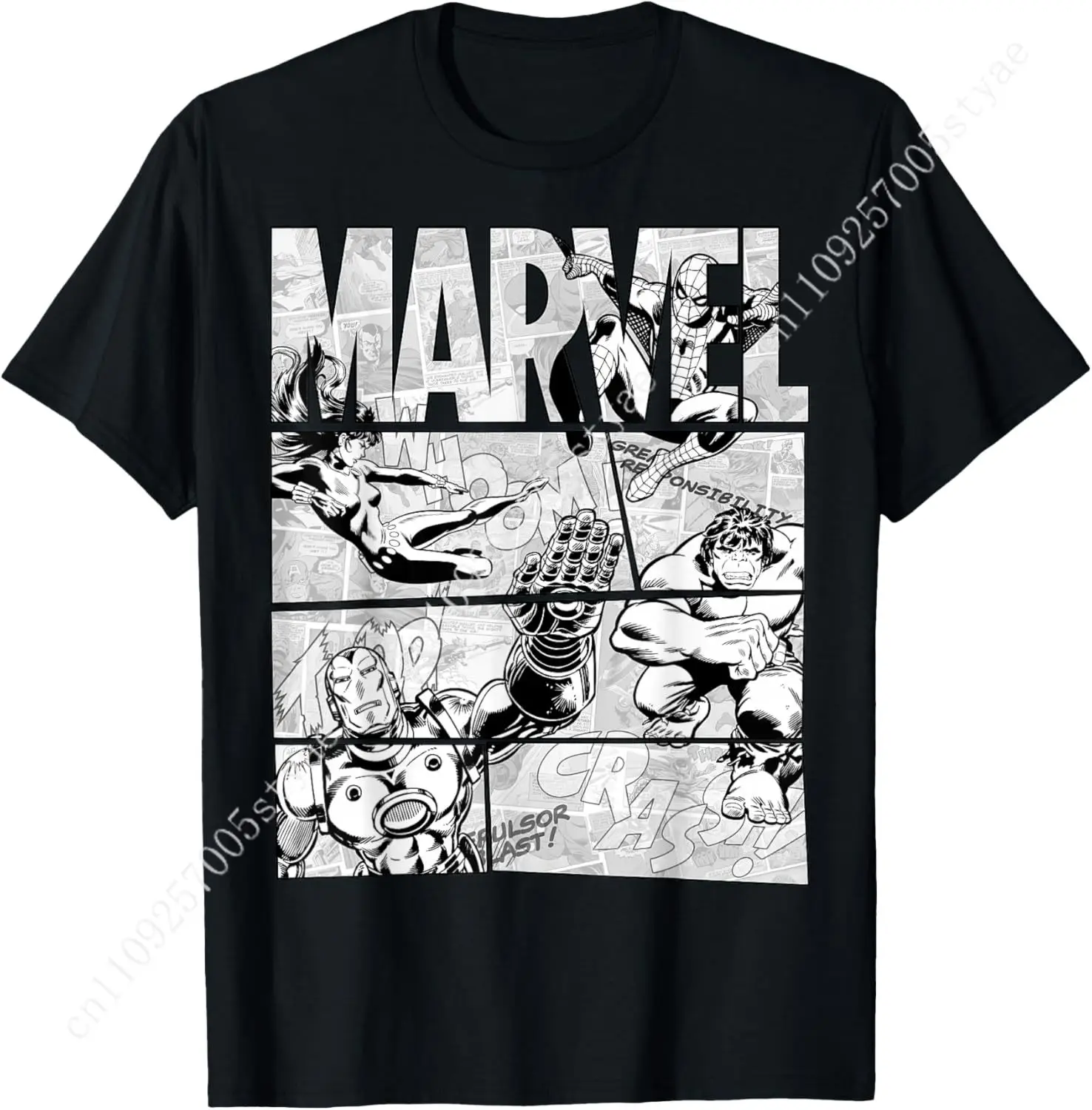 

Marvel Avengers Retro Black and White Comic Graphic Short Sleeve Mens Womens T-Shirt