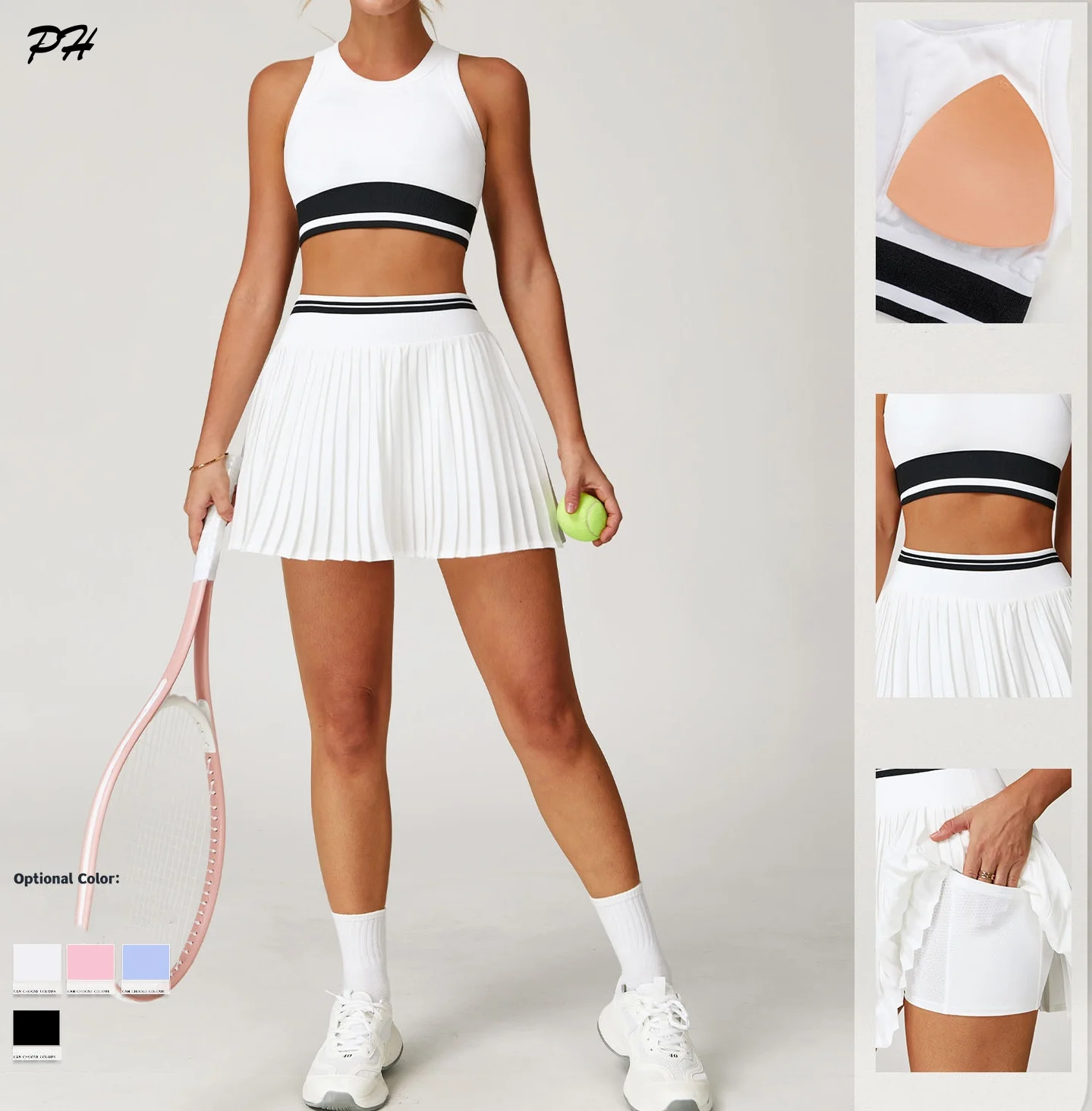 2 قطعة مجموعة ملابس رياضية لليوجا للتنس النساء الغولف الريشة الجري اللياقة البدنية مجموعة عارية تجريب رياضية سريعة الجافة الرياضة التنانير الصدرية البدلة