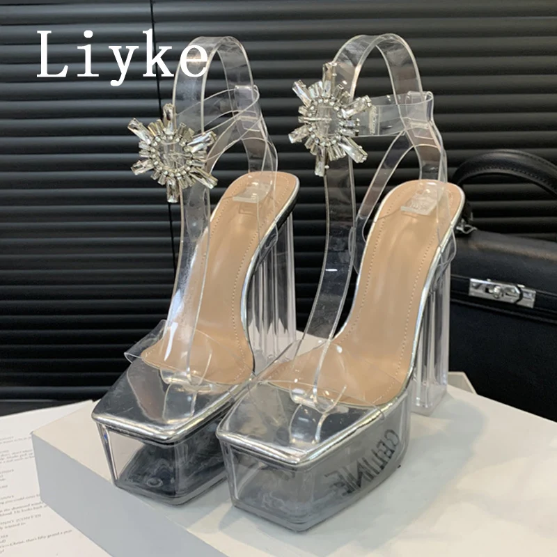 Liyke-salto alto plataforma para mulheres, fivela de strass, alça de tornozelo robusto, estilo pista, sandálias transparentes senhoras, casamento, sapatos de baile