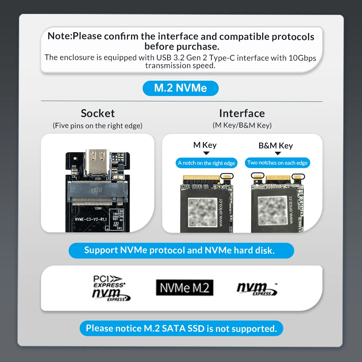 ORICO M.2 NVMe SSD-Gehäuse 10Gbps USB3.2 Gen2 M2 SSD-Gehäuse Box mit Streifendesign für NVMe SATA Werkzeuglos UASP-Unterstützung – Detail 2