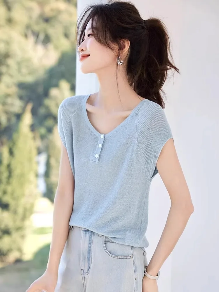 IJszijde gebreide top Pure Color ort Sve Overhead Design Pendelen Sle Ademend Zomer Faion Koreaanse versie Normale pasvorm