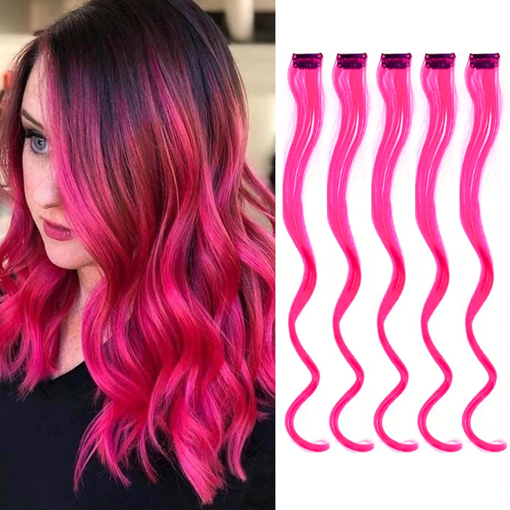 

5Pcs Colored Hair Extensions Party Highlights, Curly Wavy Hairpiece Clip In Synthetic Streak For Girls Women Halloween Wig