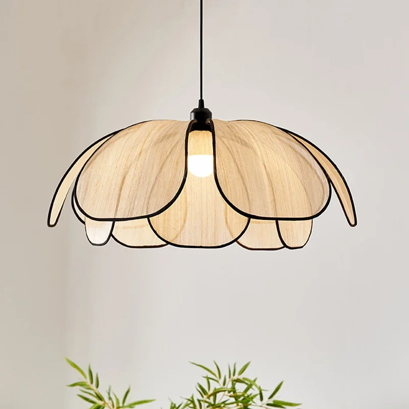 Vintage Rattan Flower Petal Pendant Lights Lustre for Living Dining Room Teahouse Cafes Woven Chandelier Hanging Lamps  Fixtures