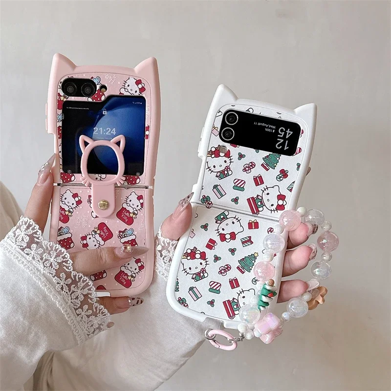 Hot Christmas Sanrios Hellokitty with Lanyard Phone Case for Samsung Galaxy Z Flip 3 4 5 6 5G PC Hard Anti-drop Back Cover Funda