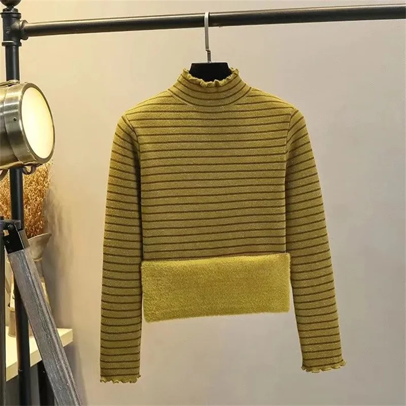 

Autumn Winter Women's Sweater Pullover 2023 New Velvet Warm Stripe Half High Neck Knitted Bottoming Shirt Jumper Female Tops