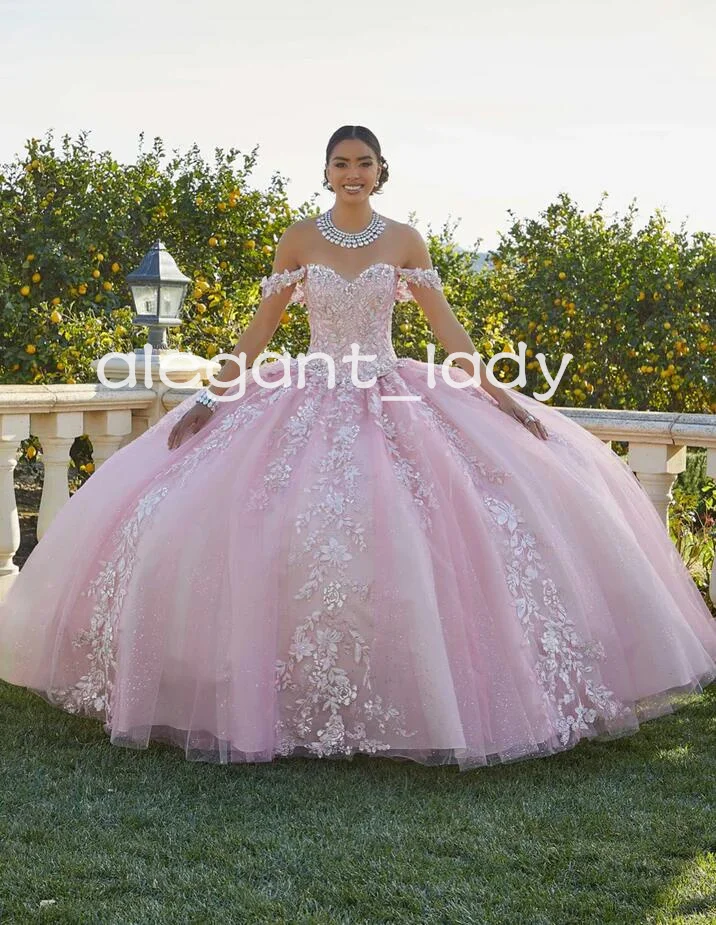 Lilla farfalla principessa Quinceanera abiti Off spalla floreale Applique gonna gonfia corsetto Prom dolce 15 charo vestito messicano