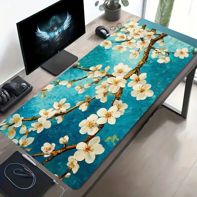 Blue Floral Large Gaming Mouse Pad Non-Slip Washable Desk Mat Laptop Keyboard Tray Office Computer Decor Oversized Black