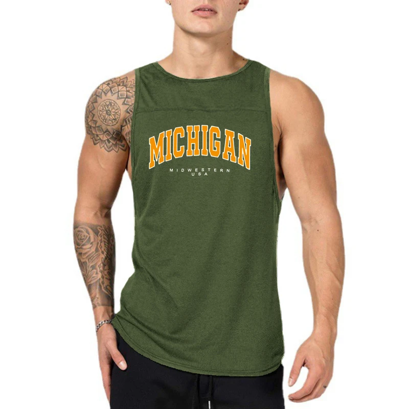 Michigan Midwestern USA Print Vests Gym Bodybuilding Sport Sleeveless Shirts Mens Fitness Loose Cool Breathable Cotton Tank Tops