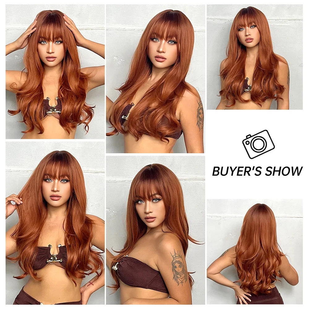 oneNonly Orange Ginger Synthetic Wig with Bangs Long Wavy Wigs Natural Wig Woman Ladies Lolita Daily Hair