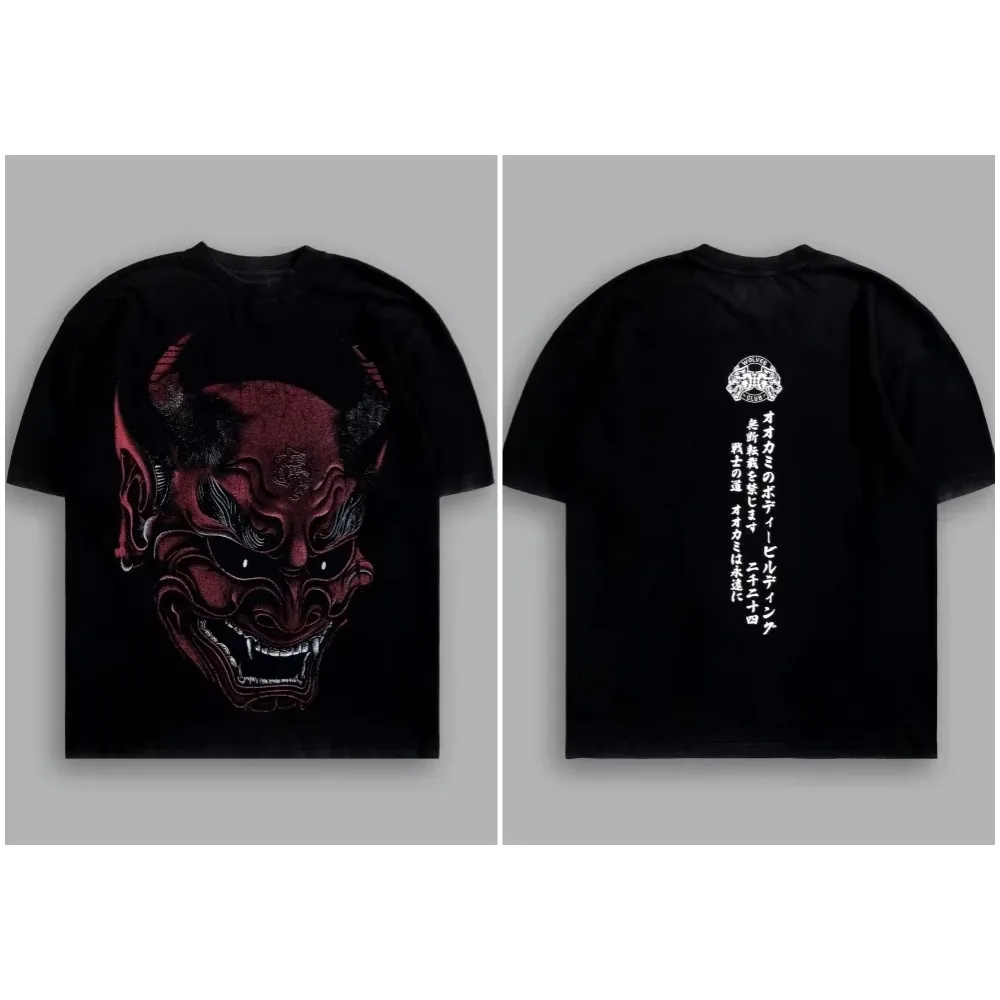 

Demon Oni Mask Printed Men's Hip Hop Streetwear Summer 100% Cotton Oversized Cool O-Neck Short Sleeves