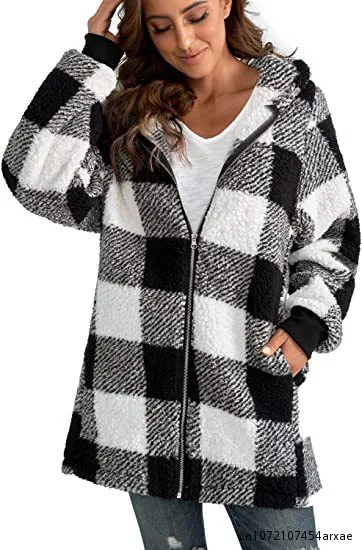 

Oversized Jacket for Female Fashion Women's Coat New Casual Ladies Clothes Long Sleeve Plaid Hooded Zip Pocket