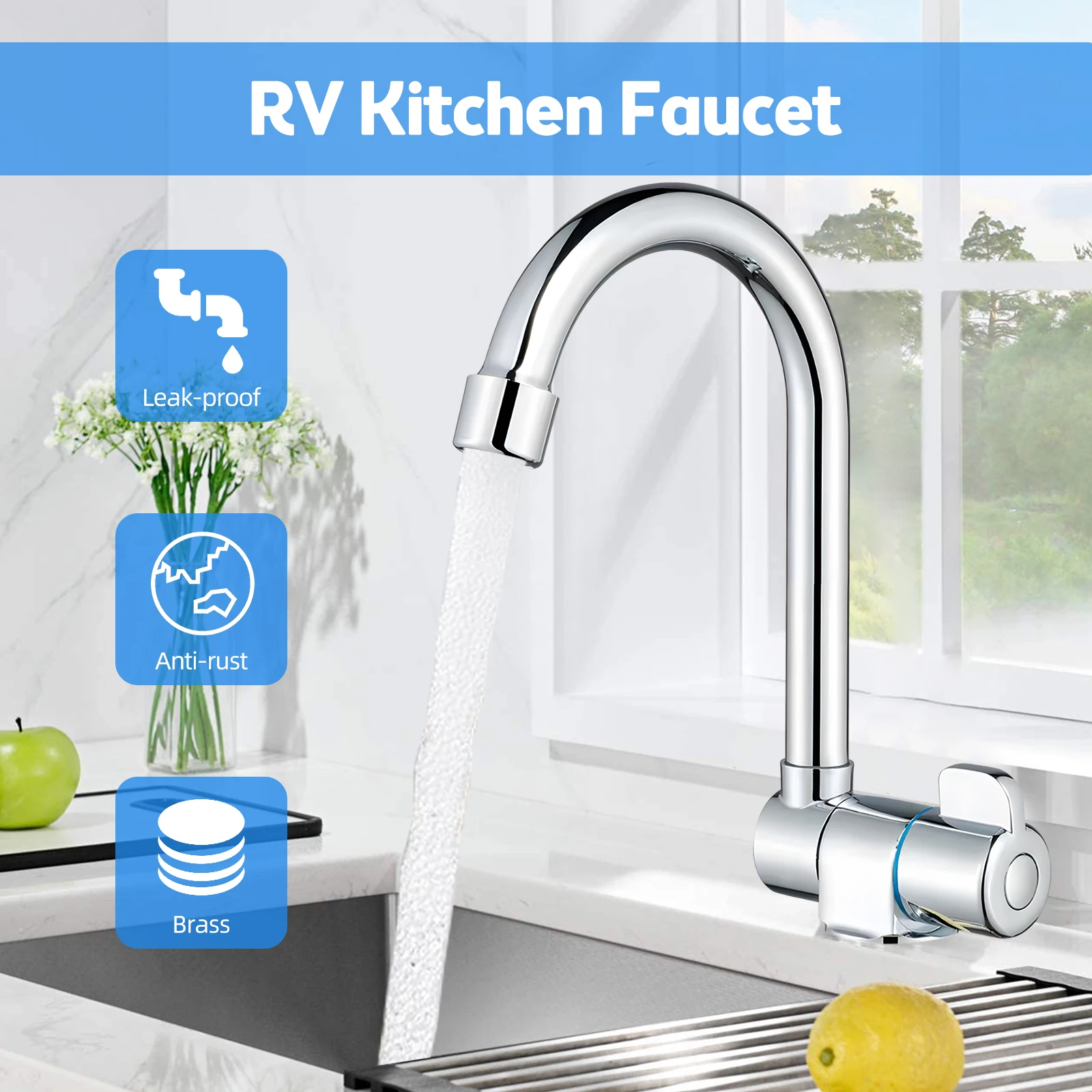 Folding Kitchen Faucets Chrome Plated Brass 360 Degrees Rotation Folding for Inside Window G1/2 Thread Single Handle Cold Water