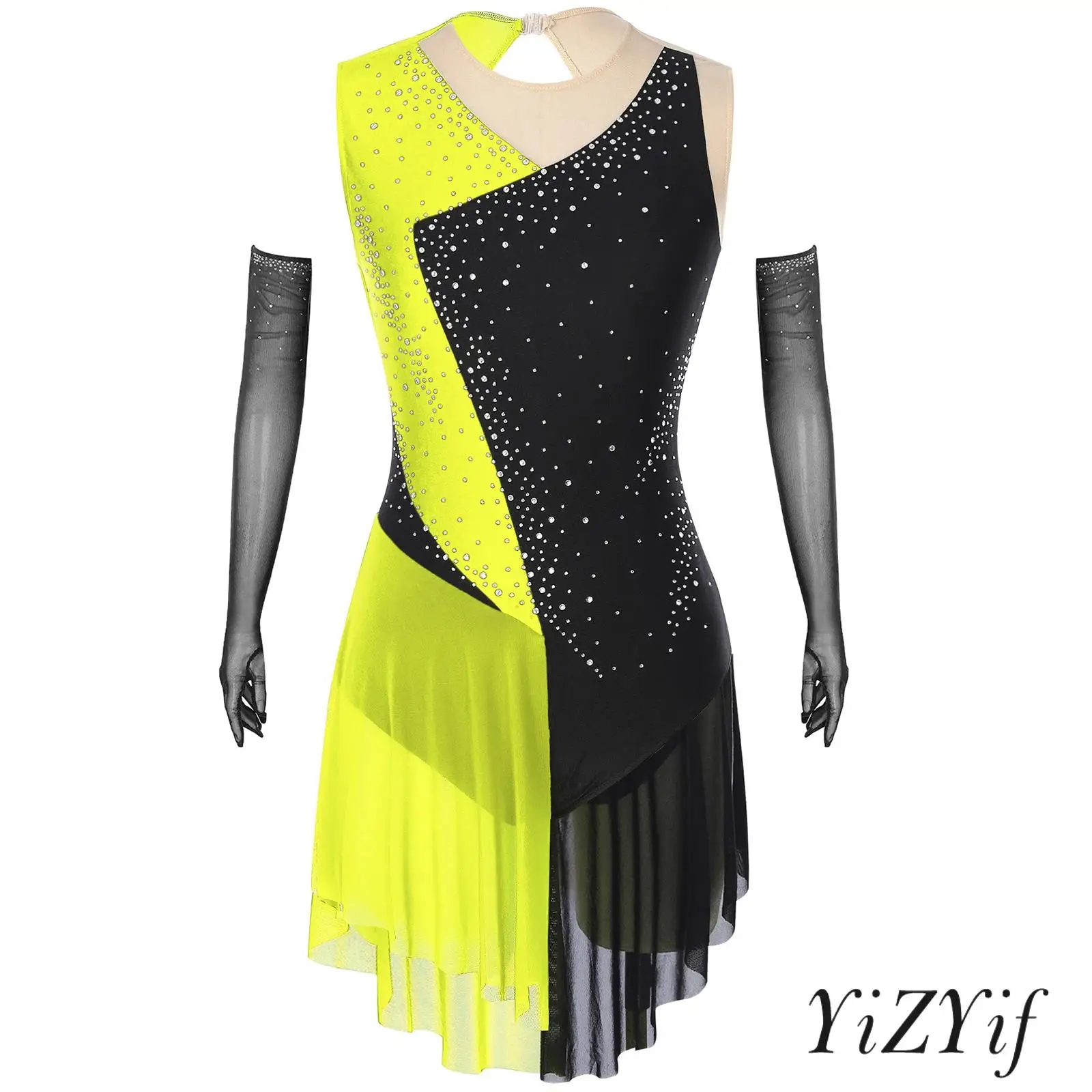 Conjunto de traje de dança de balé tango feminino vestido de strass brilhante design de bloco de cores com luvas de malha combinando roupa de dança lírica