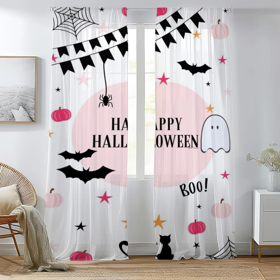 2PCS Digital Print Sheer Curtain, Pink Halloween Bat Spider Web Ghost Window Drapes for Living Room Bedroom Home Decor