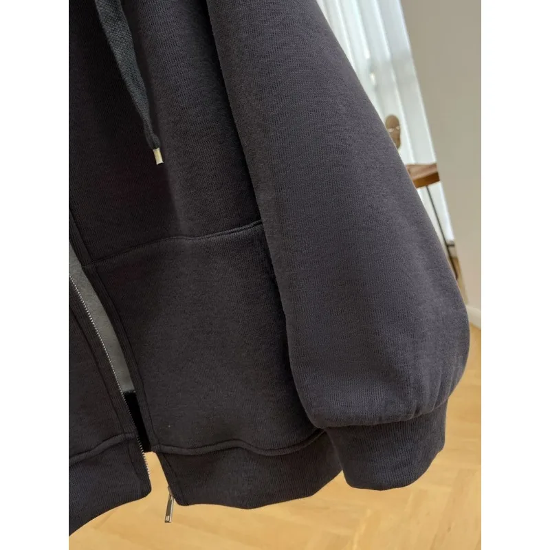 Modisches, einfarbiges, samtverdicktes Kapuzen-Sweatshirt für Damen, Herbst und Winter, fauler Stil, Strickjacke mit Reißverschluss, vielseitige Jacke
