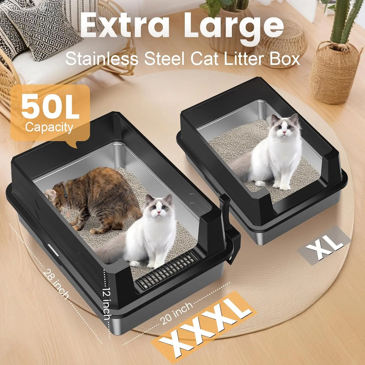 XXXL Stainless Steel Litter Box,Extra Large 28" L x 20" W Metal Litter Box for Big Cats & Multiple Cats with High Sided view 6