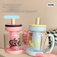 Creative With Straw Water Sippy Cup Plastic Leakproof Transparent Bottle Cartoon 900ml Water Cup Home