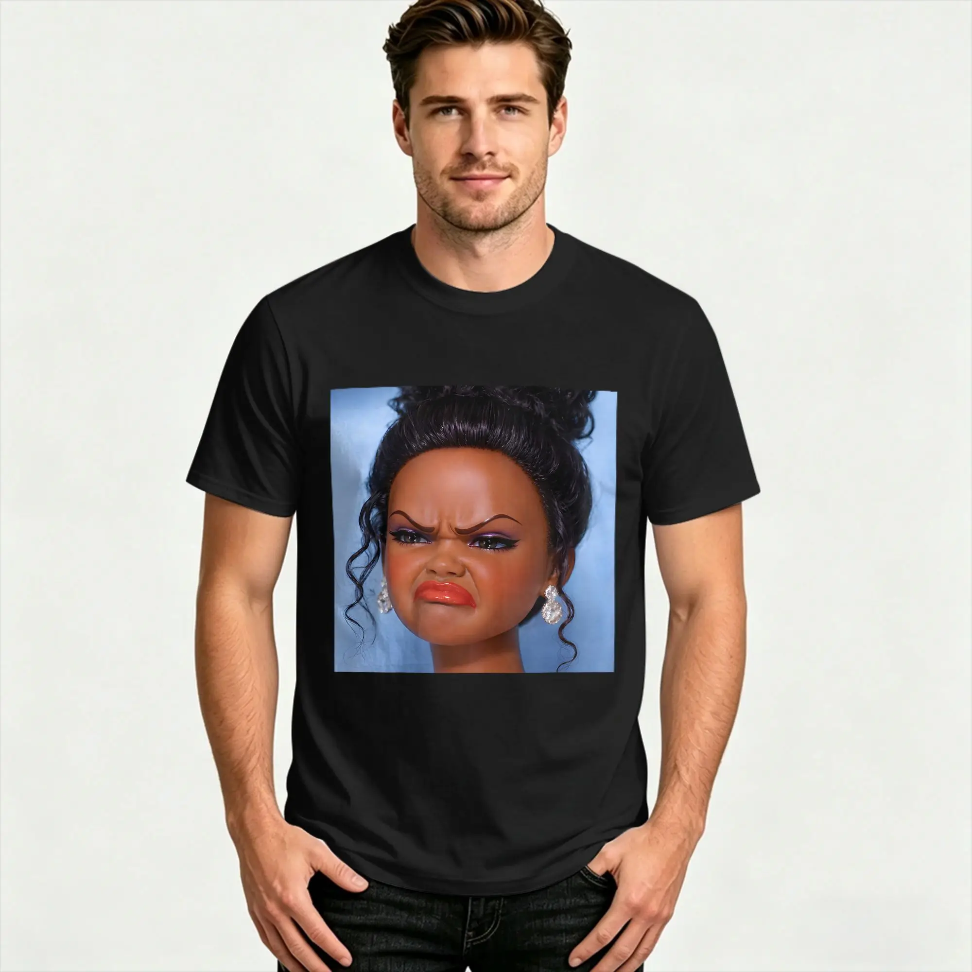 Angry Disgusted Black Doll Face Meme T-Shirt Summer  100 Cotton T-Shirts For Men Printed Tshirt Short-Sleeved Streetwear Clothes
