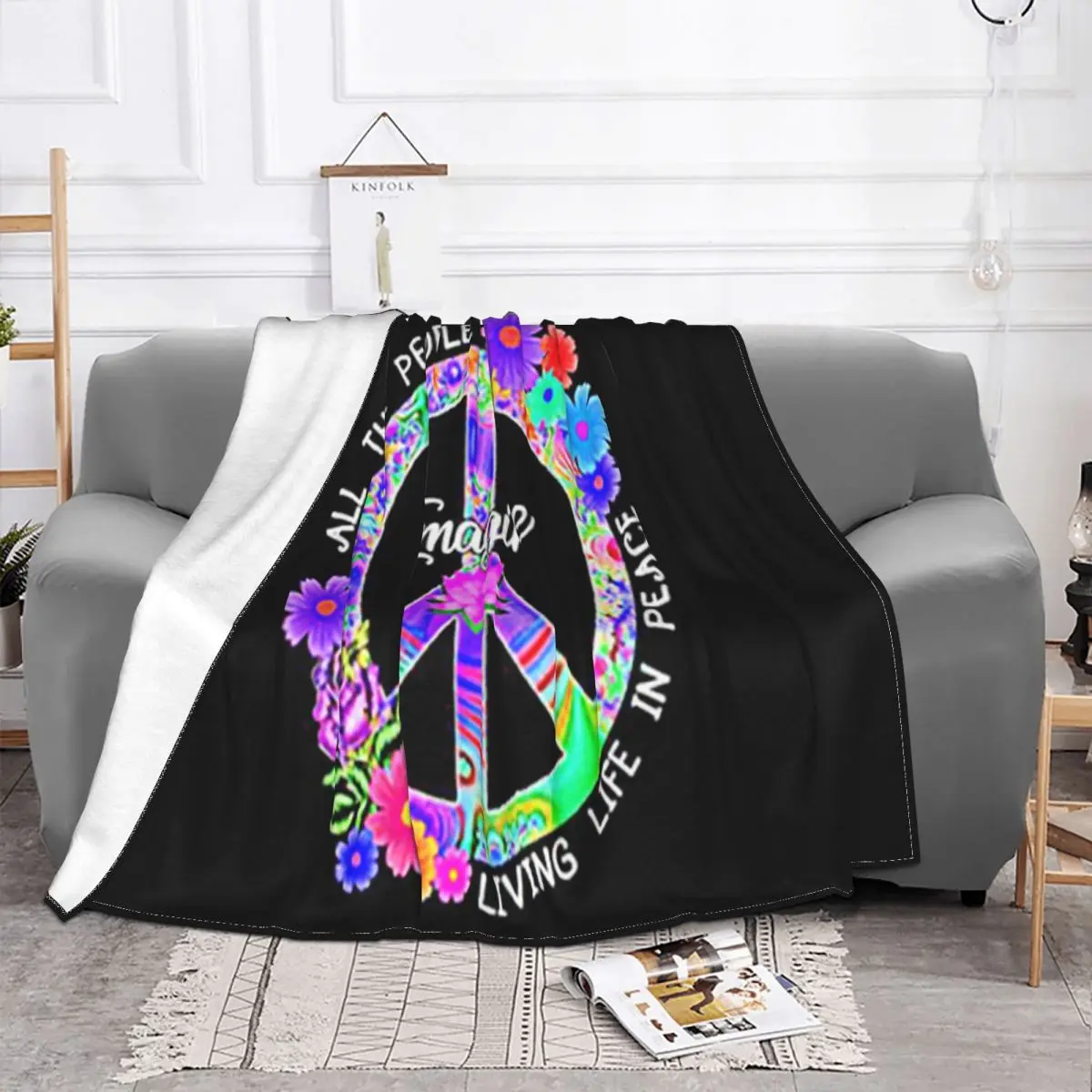 Hippie Peace Sign All The People Imagine Living Life In Peace Farmhouse Western Style Throw Blanket