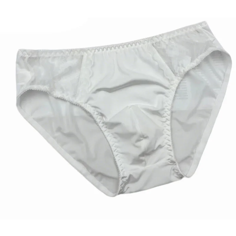 Sexy Lingerie Men Sissy Lace Trim Soft Bikini Briefs Cross-dressing Underpants Ice Silk Convex Pouch Panties