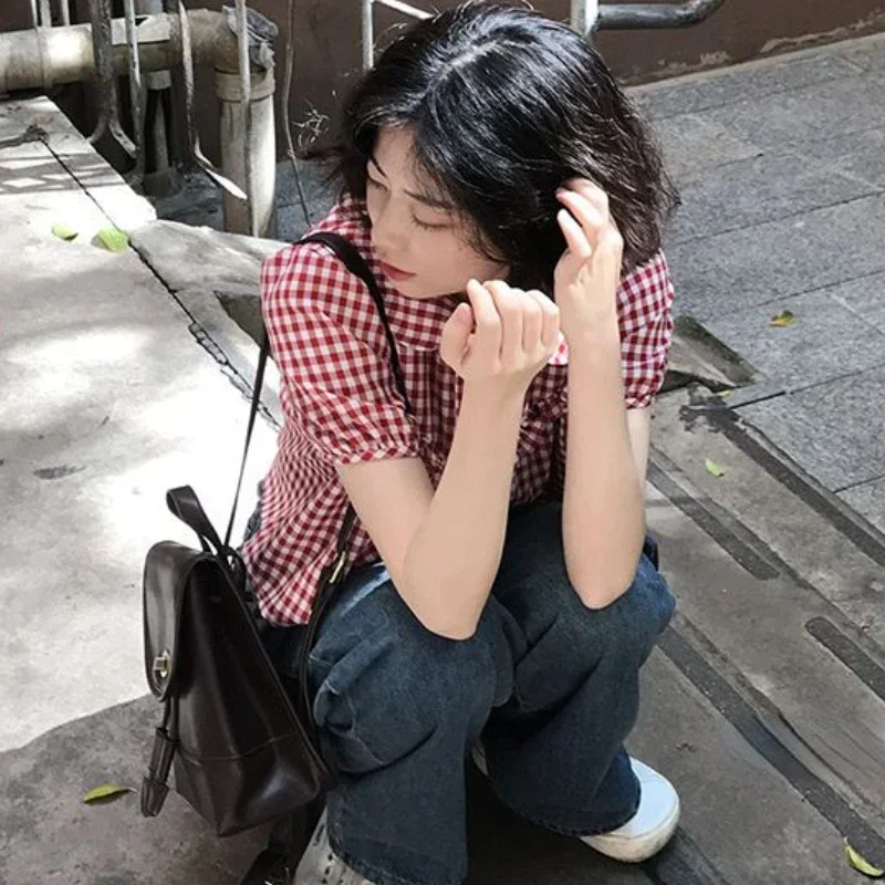 

Red Plaid Shirts Women Vintage Kawaii Girlish Peter Pan Collar Harajuku All-match Casual Korean Style Chic Young Tops Streetwear