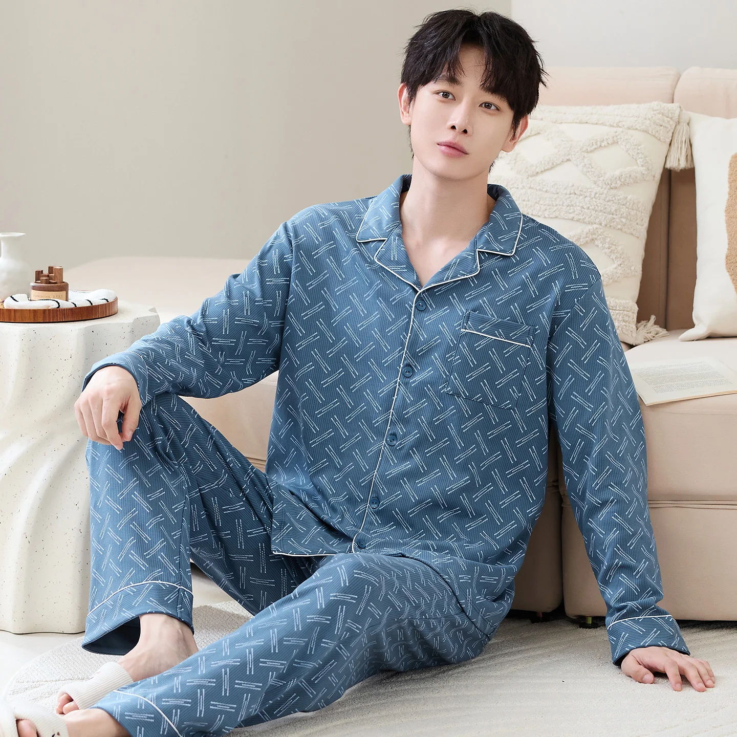 

2025 New Cotton Loungewear Men's Long Pajamas Set Autumn and Spring Big Size 5XL 4XL 3XL Nightwear Young Boy Pjs Pyjamas