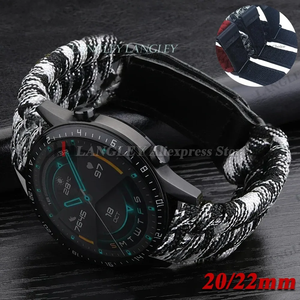 Outdoor Men Sport Braided Band 20mm 22mm for Samsung Galaxy Watch 7 6 5 4 3 Nylon Rope Strap Bracelet for Huawei Leather Clasp