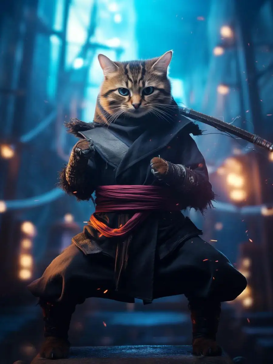 Funny Cat Ninja Samurai Poster  Animal Themed Wall Art Print for Home Decor Nature  Travel Collection