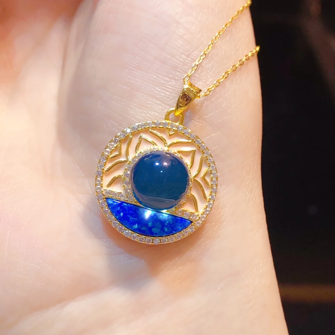 Vintage Mexican Blue Amber Pendant 8mm Round Sterling Silver with Symmetric Enamel Design Fine Jewelry Gift for Women