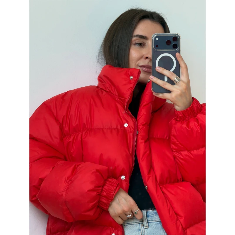 Women Oversized Zip Up Puffer Jacket Button Down Loose Short Elastic Cuff Drawstring Hem Padded Coat Lady Winter Warm Outerwear