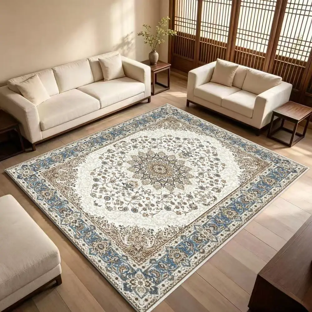 Vintage Medallion Oriental Square Area Rug Classic Floral Ornate Border Non-Woven Floor Carpet for Indoor Home Decoration