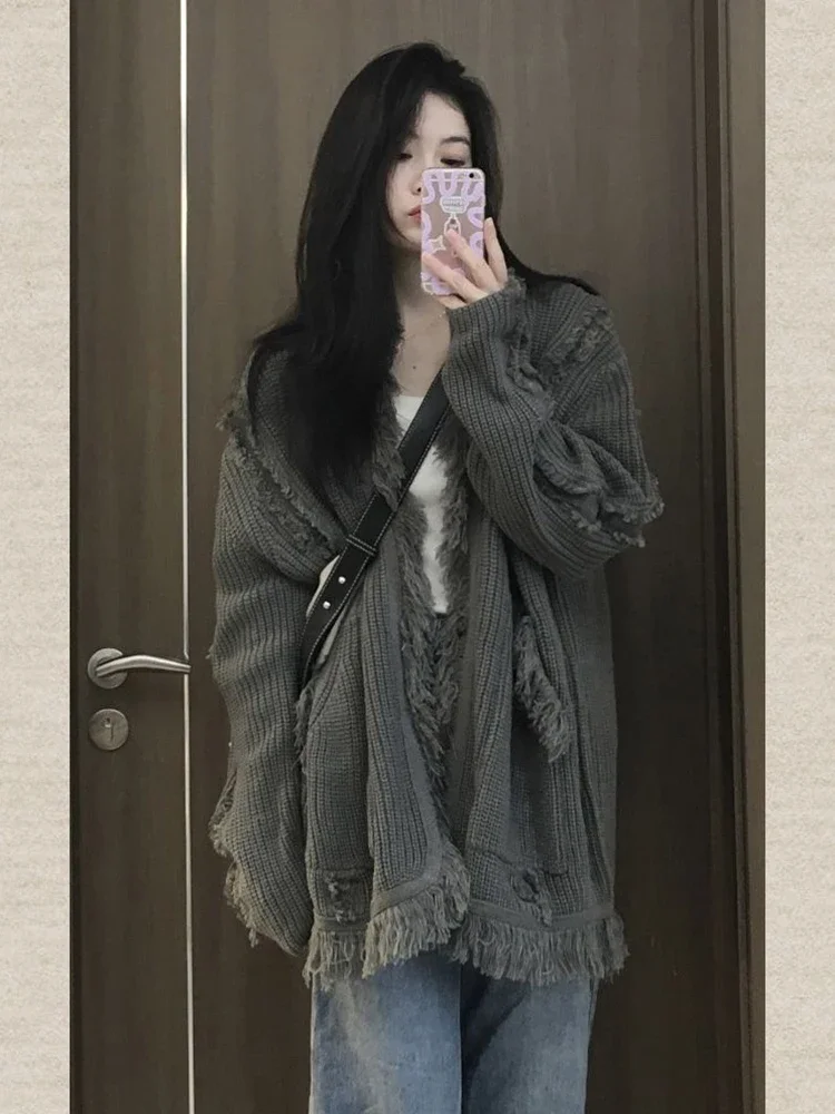 Raw Edge Cardigan Women Solid Loose Korean Style Frayed Vintage Office Lady S-5XL Pockets Daily Slouchy Hipster  Knitwear