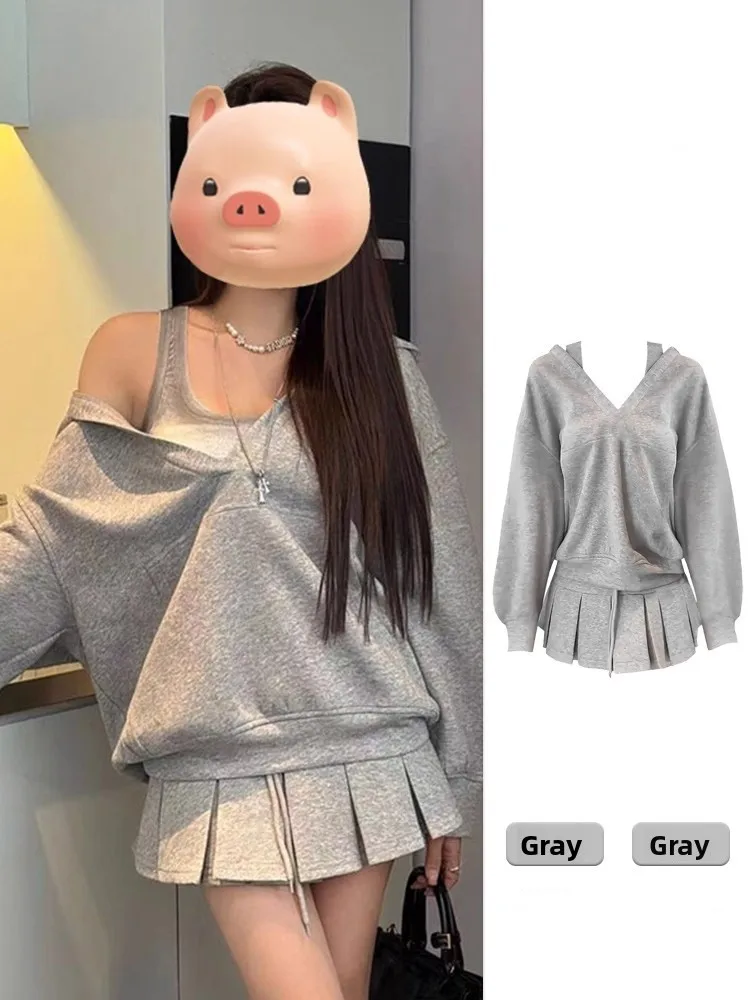 

Early Autumn Casual Spor Two-Piece Set Vest Hoodie ort Skirt Outfit Ele Clete OOTD High Waist Loose Fit Adult Women