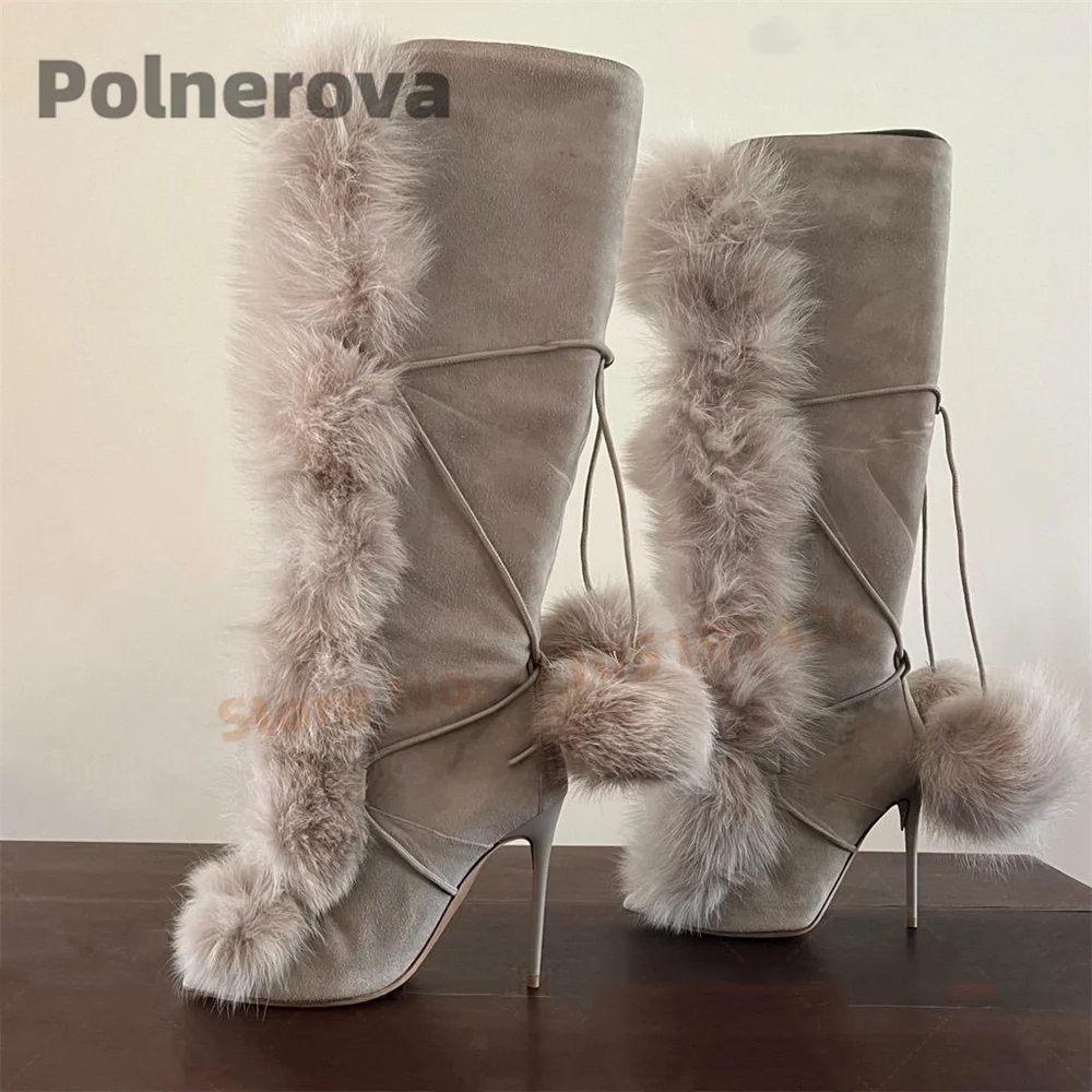 Pelz-Pom-Poms, kniehohe Stiefel für Damen, Wildleder, spitze Zehen, Stiletto-Absätze, zum Anziehen, grau, schwarz, Kreuz, Riemchen, luxuriöse warme Schuhe