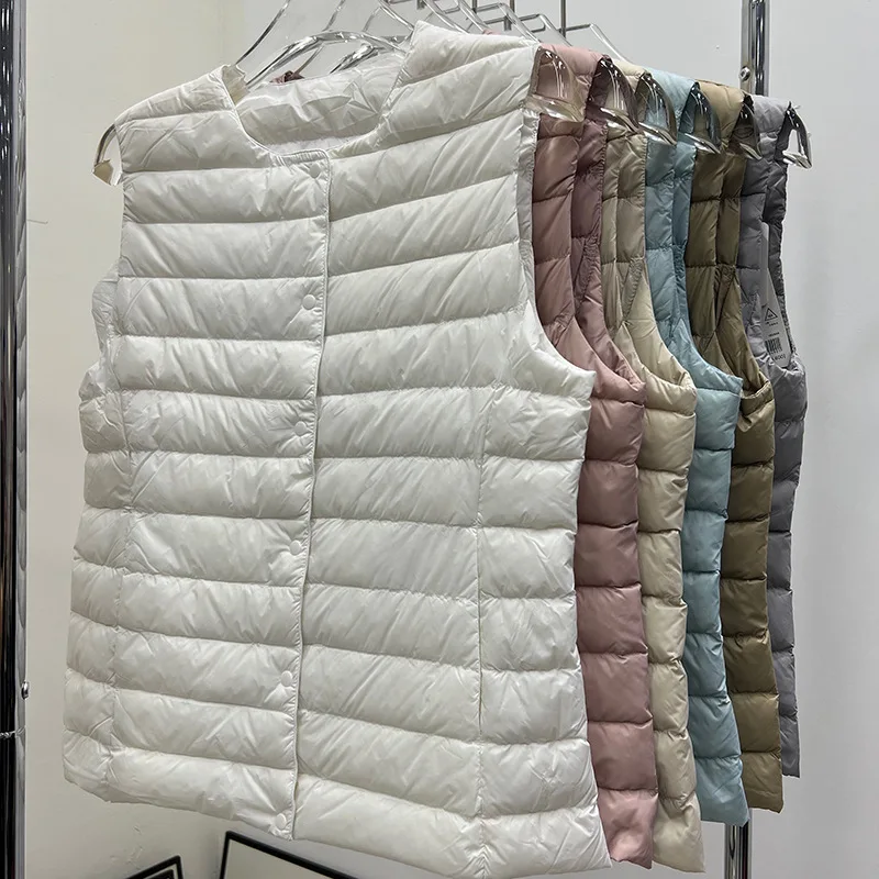 Otoño Invierno ultraligero pato blanco abajo chaleco abrigo mujer cálido abajo chaqueta femenina talla grande sin mangas corto Parkas