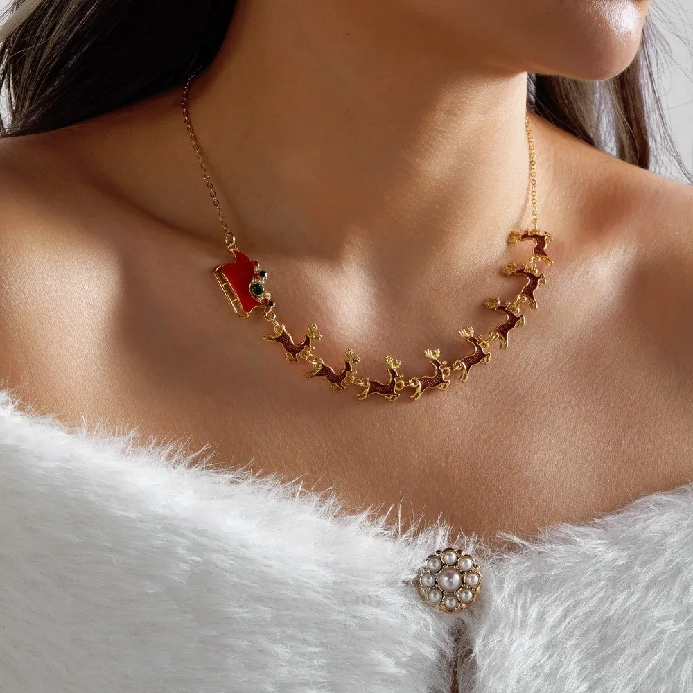Creative Christmas Pendant Necklace Colorful Adjustable Length Reindeer Bracelet Handmade Enamel Rhinestone Sleigh Pendant Party