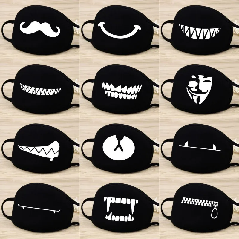 1PC Black Cotton Dust Mask Washable Cartoon Expression Teeth Muffle Face Respirator Anti Kpop Bear Mouth Mask Reusable Face mask