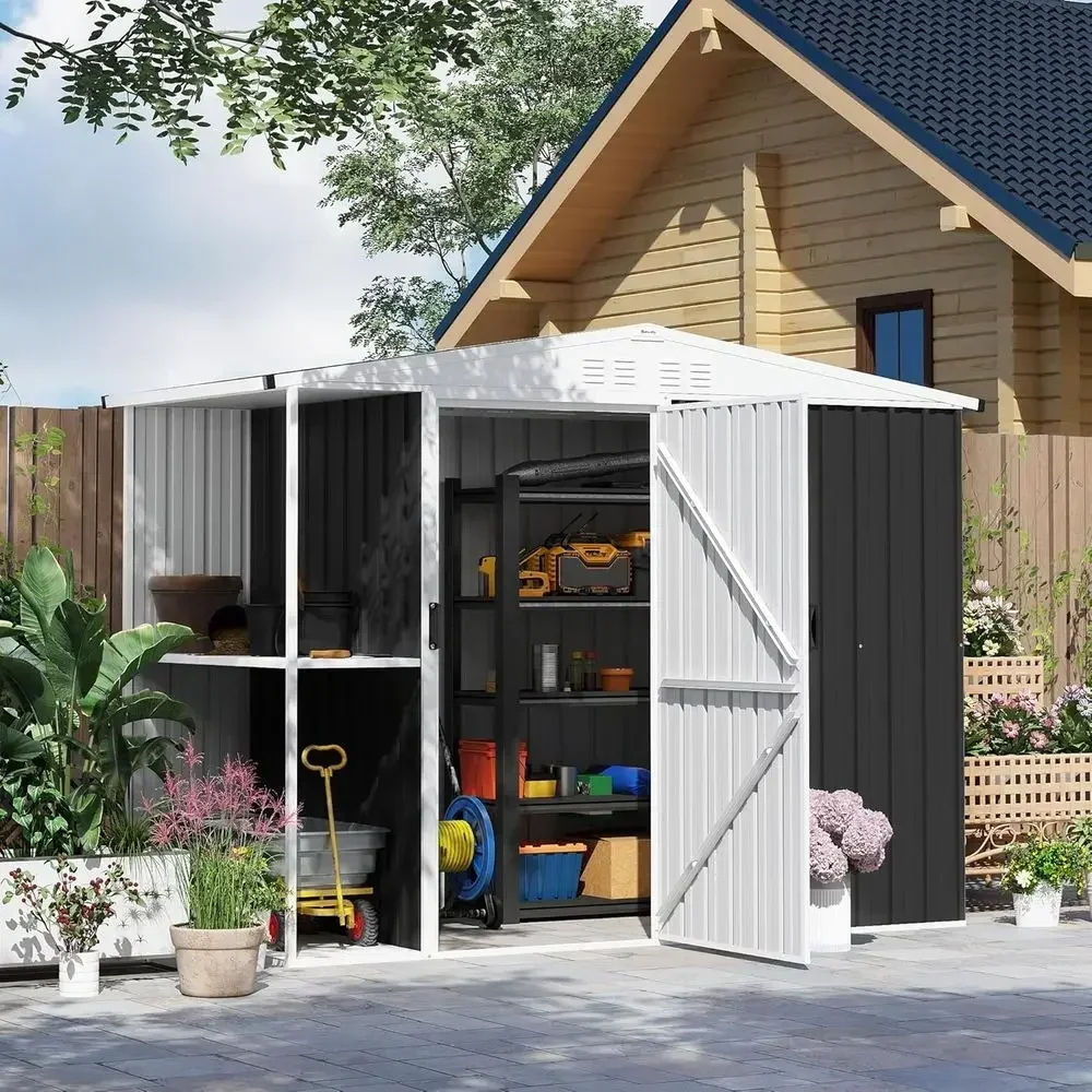 Gray 8x4ft Outdoor Storage Shed with Lock, 2-Tier Rack, Air Vents, Ideal for Garden Tools