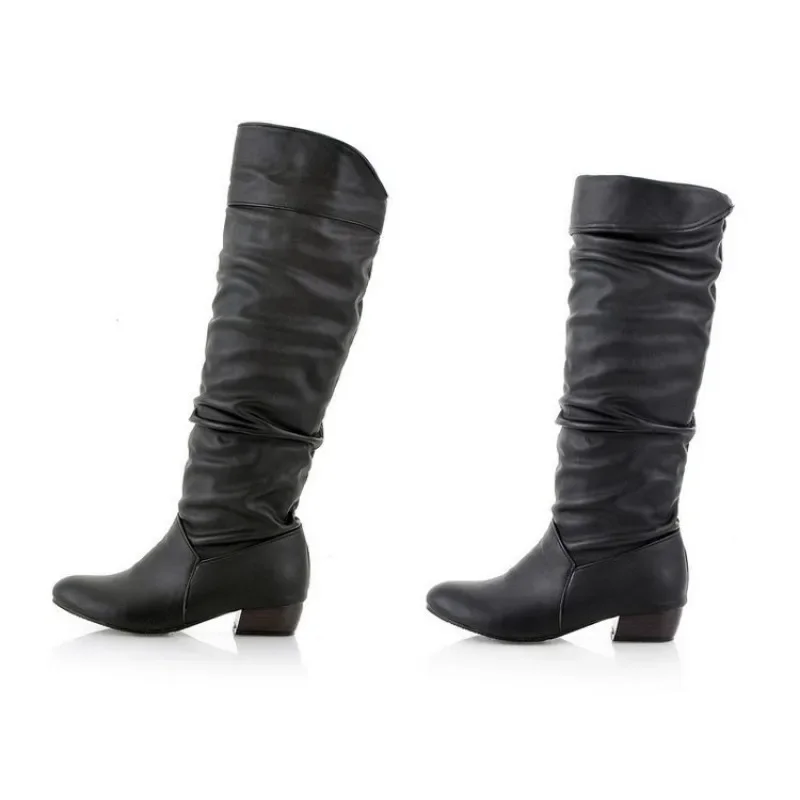 2023Shoes for Women Knee High Boots Red Black White Tall Boots Woman Pleated Low Heel Casual Leather Female Long Shoes