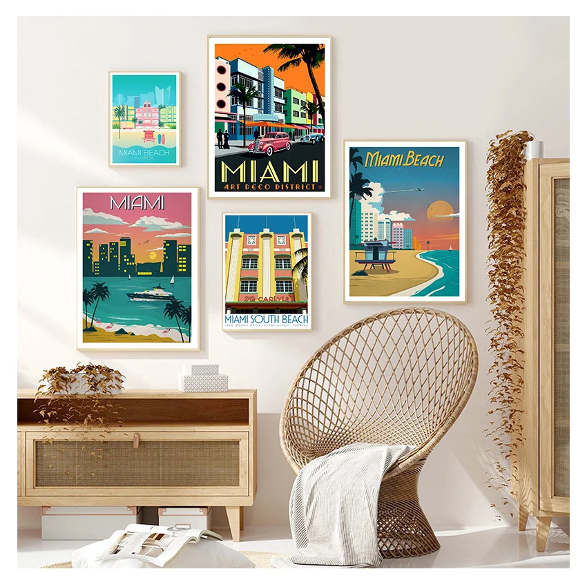 Travel Canvas Paintings Vintage Wall Kraft Posters Coated Wall Stickers Home Decor Pictures Vintage Florida Miami Beach America