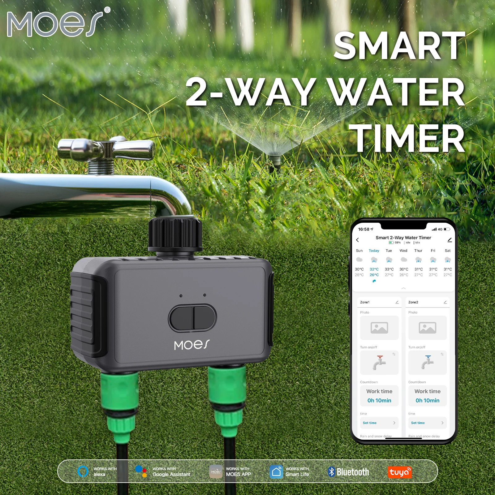 Tuya Bluetooth Watering Timers With Soil Temperature Humidity Sensor  Garden Automatic Dual Outlet Irrigation System Voice Alexa