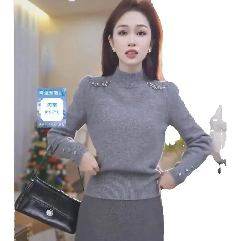 سترة نسائية رمادية شبه سلحفاة وأكمام طويلة سترة جوكر 20226 للربيع والخريف قميص محبوك متقدم جديد قميص دافئ