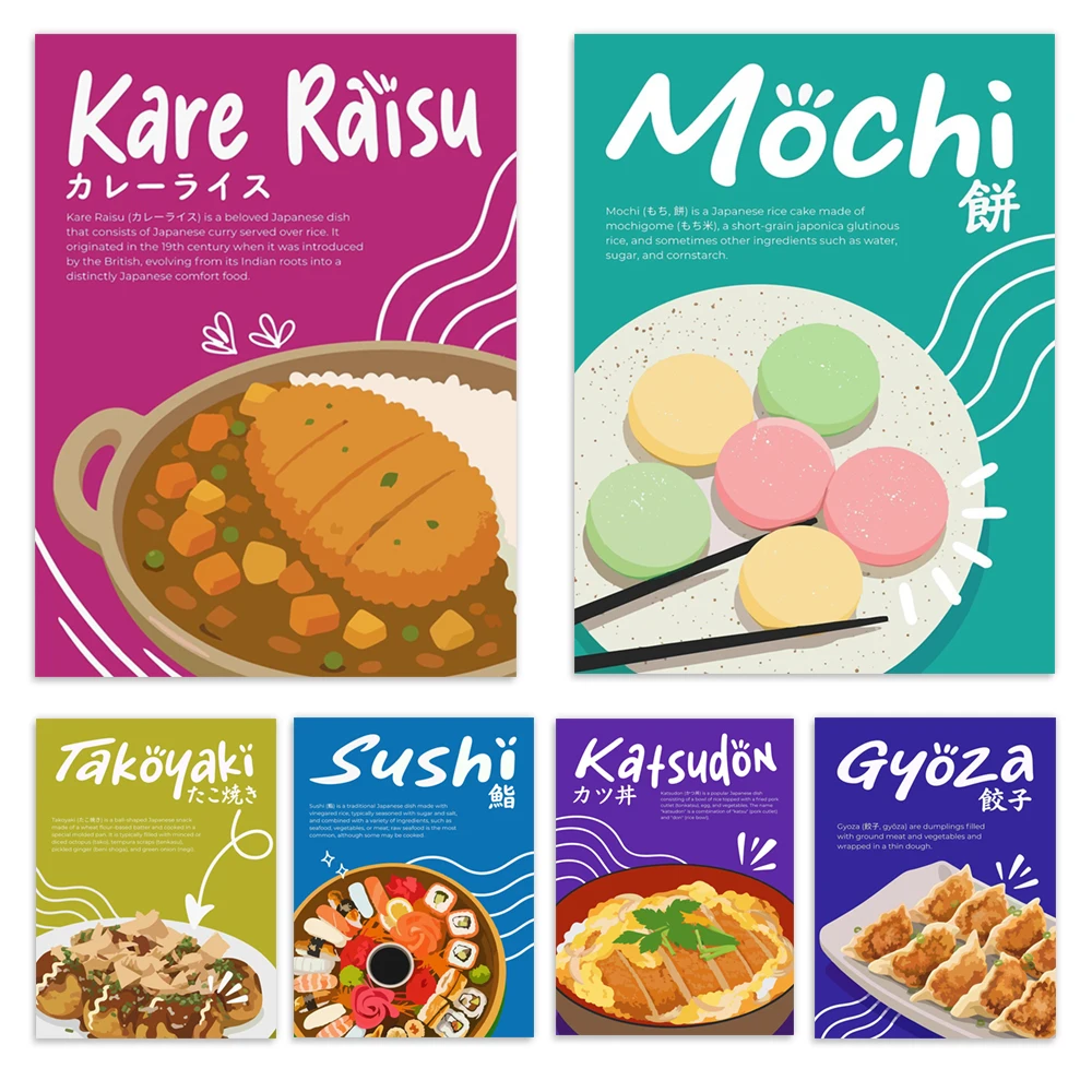 Japanese sushi platter, gyoza, rice balls, mochi, curry rice, pork cutlet rice, takoyaki, Italian vegetable pizza (food poster)