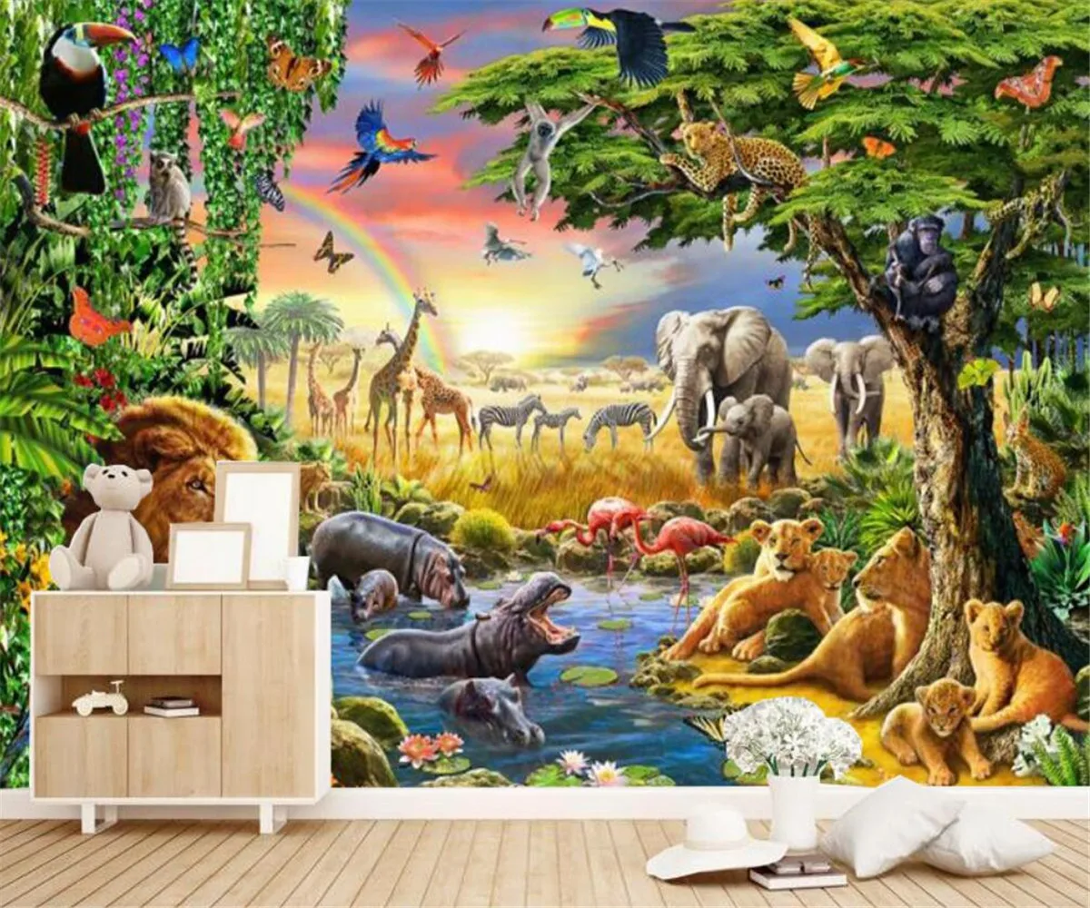 

Custom size 3D Wallpaper cartoon animal lion zebra forest Mural home decoration self-adhesive relief canvas material optional