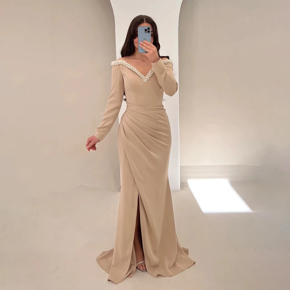 

Evening Dresses Prom Dresses V Neck Long Sleeve Appliqued Pleated Front Split Mermaid Formal Party Gowns فساتين سهرة